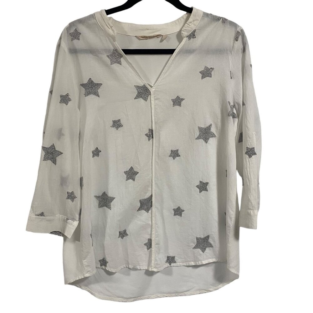 Soft Surroundings Star Embroidered Tunic Roll Tab‎ Sleeves Top Size M
